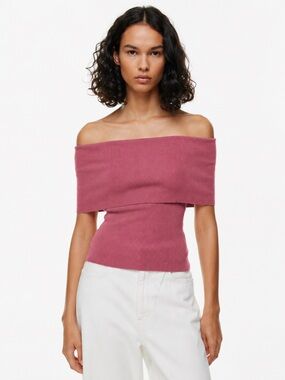 Wilfred Limited Edition Dusty Rose Ribbed Off Shoulder Foldover Knit Top